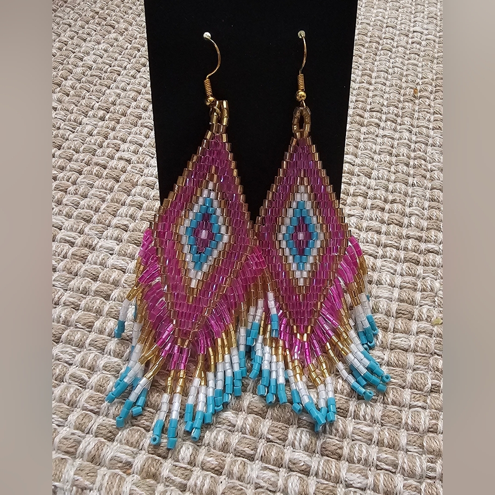 Colorful Boho Chic Beaded Native American Dangle Fringe Earrings 4 Inch NWOT - Picture 3 of 11